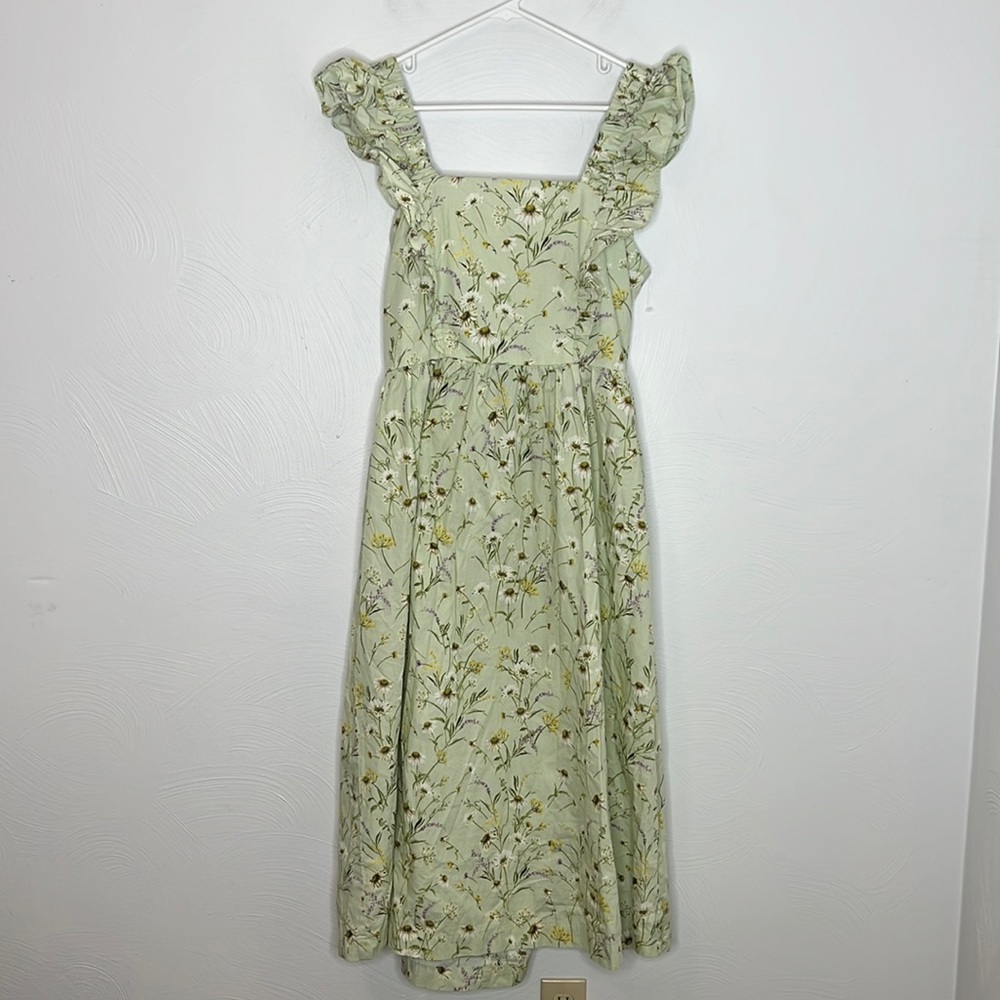 H&M floral ruffle open back dress green L